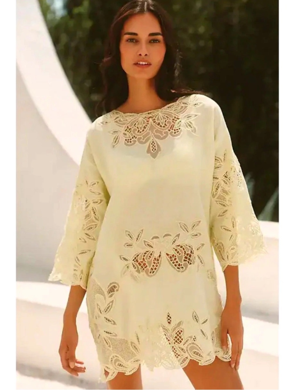 Celandine | Anthropologie Linen-Blend Lace Mini T-Shirt Dress in Matcha NWT